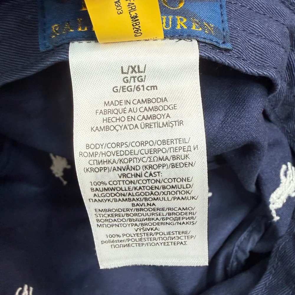 Polo Ralph Lauren Mens Size L/XL Bucket Hat Navy Blue AOP Embroidered Pony